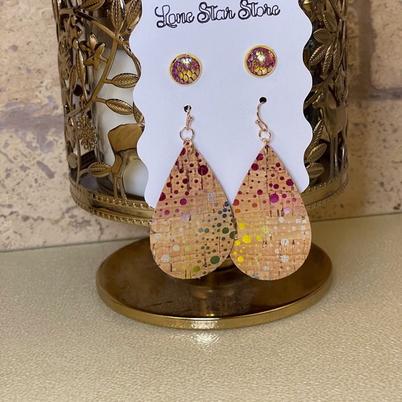 Faux Cork Teardrop Earrings with Beautiful Mermaid Scale Studs - Picture 3 of 3